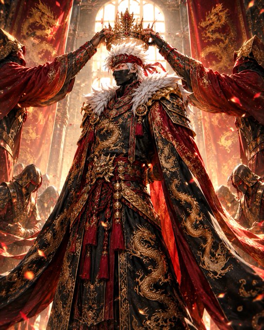 A dramatic digital artwork depicting an emperor wearing elaborate red and gold robes with dragon motifs, being crowned with a golden crown in a grand hall.