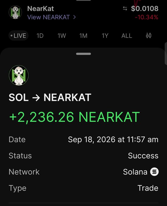 A crypto trading app screenshot shows a successful swap of SOL to NEARKAT, gaining +2,236.26 NEARKAT at $0.0108 on the Solana network.