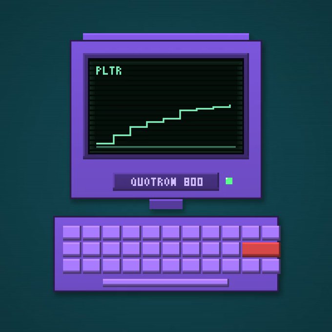 A pixel-art illustration shows a purple retro computer labeled 'QUOTRON 800' displaying an upward-trending line graph with 'FLTR' on the screen, accompanied by a matching keyboard with a red enter key.