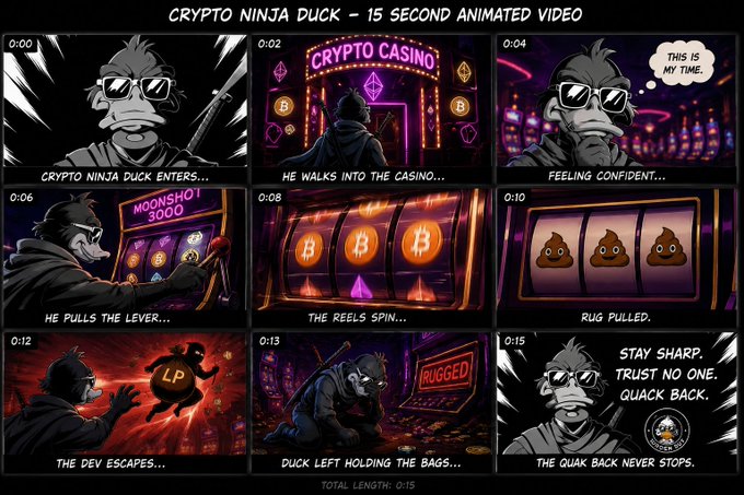 A storyboard titled 'CRYPTO NINJA DUCK – 15 SECOND ANIMATED VIDEO' shows nine panels depicting a duck character in a casino scenario involving 'Crypto Casino', slot machines, and a 'Moonshot 3000' game.