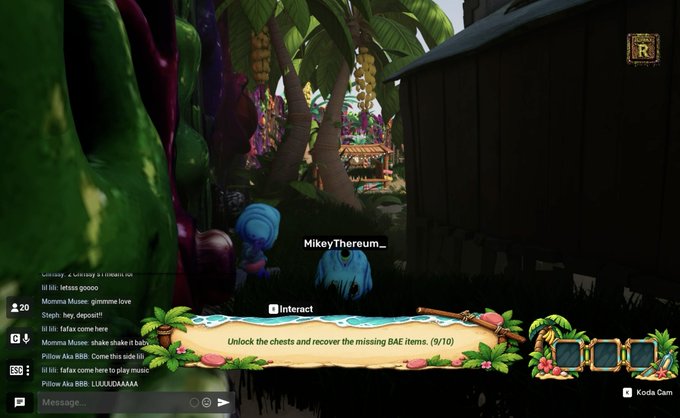 A screenshot from a video game showing a tropical scene with a player character and a blue NPC named 'MikeyThereum_', with chat visible on the left and a quest 'Unlock the chests and recover the missing BAE items. (9/10)' at the bottom.