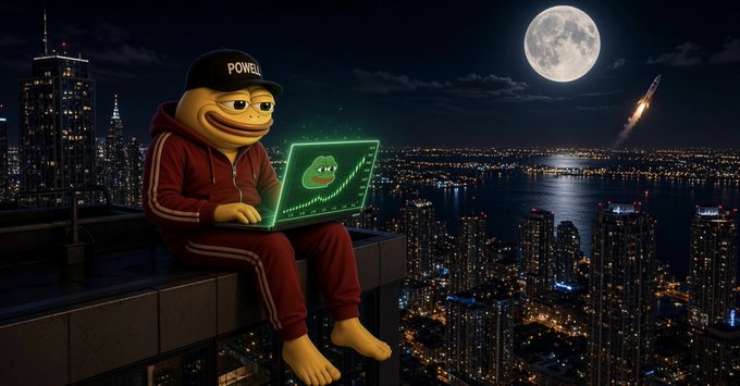 A cartoon Pepe the Frog character in a red tracksuit and 'POWELL' cap sits on a skyscraper ledge at night, trading crypto on a glowing laptop displaying a green frog chart, with a full moon and rocket visible over a city skyline.