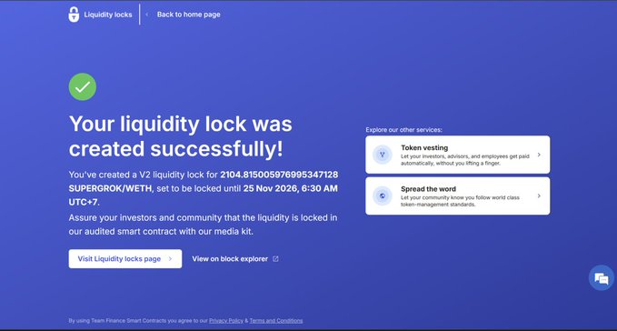 A blue screen displays a message congratulating the user on successfully creating a liquidity lock, with two links to further instructions and a list of users who have been locked out.
