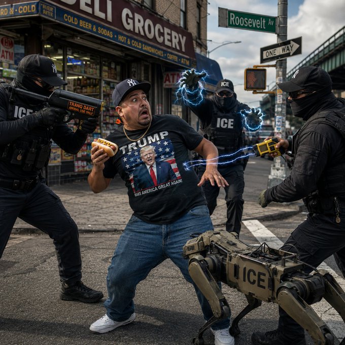 AI-generated satirical image depicting a man wearing a Trump t-shirt eating a sandwich while being apprehended by armed ICE agents and a robotic dog on a city street near a deli.