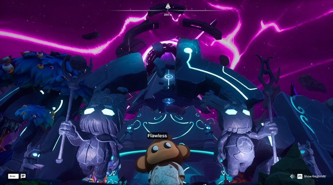 A screenshot from a video game featuring a large glowing blue mechanical enemy with skull-like figures, pink lightning in the background, and a small character in the foreground; the text 'Flawless' is visible.