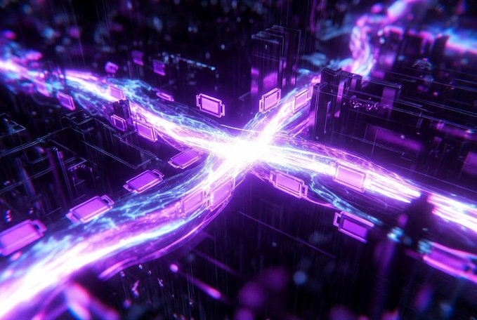 The image features an abstract, futuristic cityscape with purple lines and shapes that appear to be emanating from a central point or source. The city's buildings are made of glowing squares, creating a sense of depth and dimensionality. The scene is dominated by shades of purple, blue, and black, giving it a futuristic and otherworldly feel.
