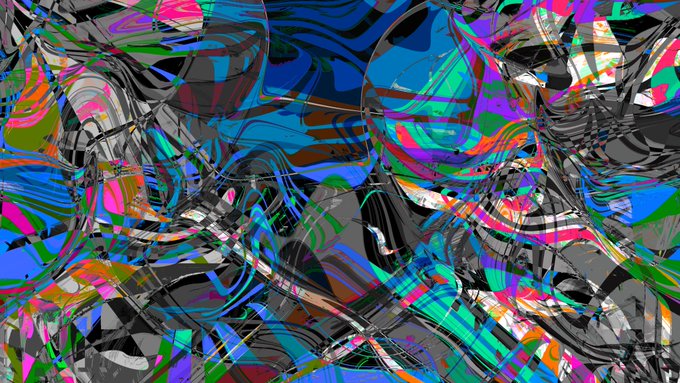 An abstract, colorful artwork featuring distorted, glossy reflections with swirling patterns in blue, pink, green, and silver tones, creating a fluid, mirror-like visual effect.