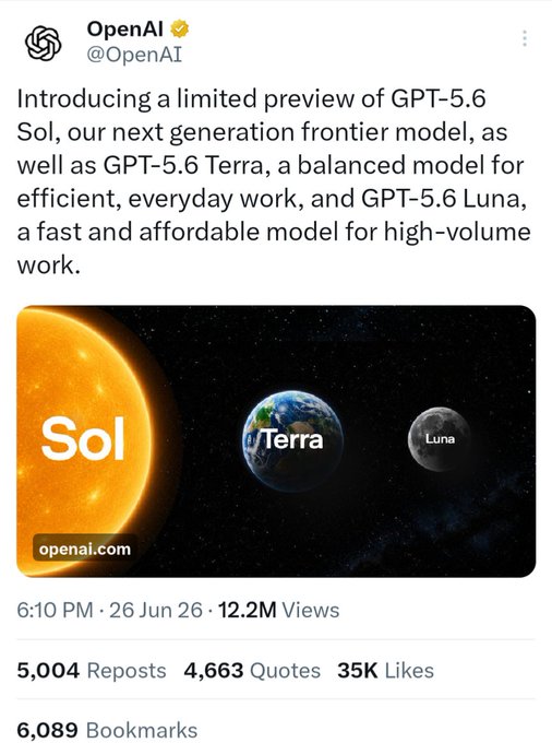 OpenAI (@OpenAI) announces GPT-5.6 preview featuring three models named "Sol," "Terra," and "Luna" — celestial bodies depicted in the image — though the post draws a darkly ironic parallel to the 2022 crypto crash, where SOL cratered to $7 and the multi-billion Terra-Luna ecosystem collapsed overnight alongside FTX, 3AC, and Celsius.