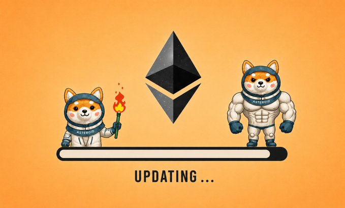 An illustrated loading screen with an orange background shows two cartoon Shiba Inu characters in astronaut suits flanking an Ethereum logo, with a progress bar and the text 'UPDATING ...' below.