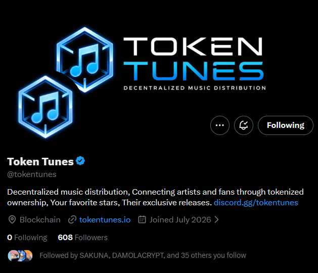 A Twitter/X profile for 'Token Tunes' (@tokentunes) describing it as 'Decentralized music distribution' with a blue music note hexagonal logo.