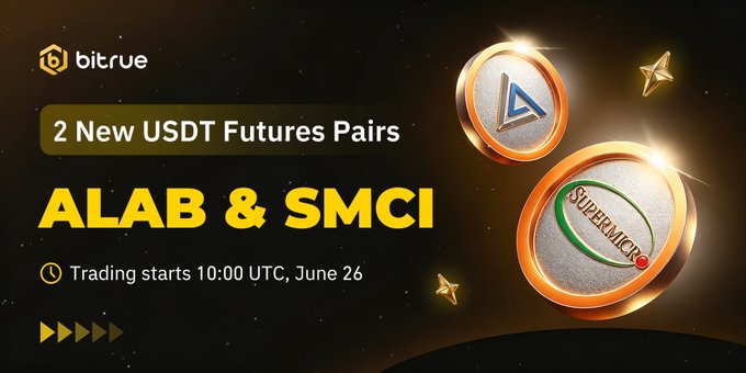 The image is a Bitrue promotional graphic announcing the launch of 2 new USDT futures pairs, $ALAB and $SMCI, with trading starting at 10:00 UTC on June 26, featuring up to 20x leverage as mentioned in the accompanying post.