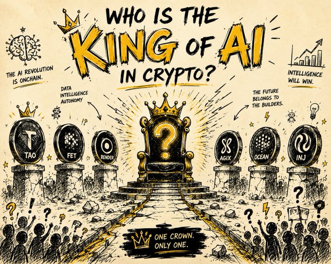 A hand-drawn illustration poses the question "WHO IS THE KING OF AI IN CRYPTO?" featuring six AI-themed tokens—TAO, FET, RENDER, AGIX, OCEAN, and INJ—displayed as crowned figures around a central throne, with a tagline "ONE CROWN, ONLY ONE." The image visually frames the post's debate over which of the four "kings" (Render, Fetch.ai, Near, or Bittensor) will dominate the AI-crypto narrative this cycle, while notably excluding Render, FET, NEAR, and TAO from its featured lineup in favor of a broader roster of competitors.