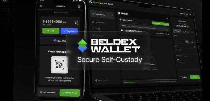A promotional graphic for 'BELDEX WALLET - Secure Self-Custody' displayed over a dark background with screenshots of the wallet interface on mobile and desktop devices.