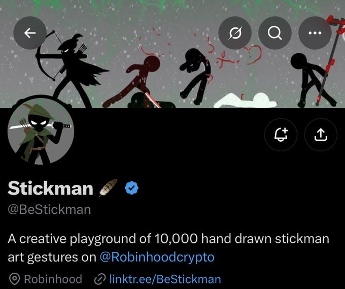 A Twitter/X profile for 'Stickman' (@BeStickman), described as 'A creative playground of 10,000 hand drawn stickman art gestures on @Robinhoodcrypto', featuring black silhouette artwork.
