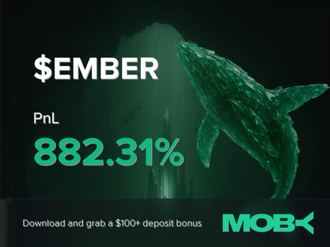 A promotional graphic for Moby Mobile features a large green whale and the text "$EMBER" alongside a PnL of "882.31%," visually highlighting the +882.31% profit highlighted in the accompanying win alert post. The bottom banner offers a "$100+ deposit bonus" alongside the Moby logo, encouraging viewers to download the app to catch similar trades on trending tokens like $EMBER.