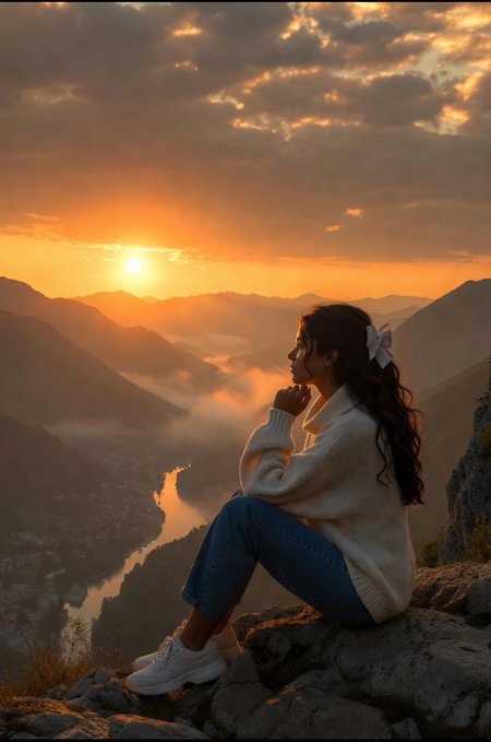 A woman in a white sweater and jeans sits on a rocky cliff overlooking a misty valley and river at sunset.