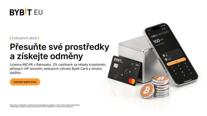 Advertisement for "BYBIT EU" in Czech language promoting 3% cashback on crypto deposits and Bybit Card benefits, showing a phone, card, and physical Bitcoin tokens.