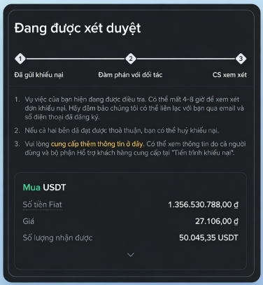A Vietnamese-language crypto dispute review interface titled 'Đang được xét duyệt' showing a 3-step process (Đã gửi khiếu nại, Đàm phán với đối tác, CS xem xét) with details for a USDT purchase: 1,356,530,788 đ at 27,106 đ receiving 50,045.35 USDT.