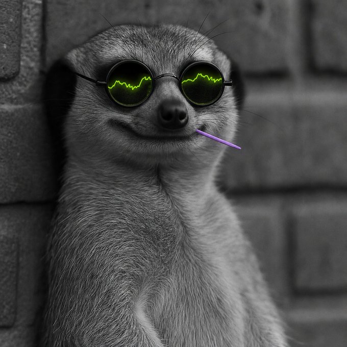 A black and white photograph of a meerkat leaning against a brick wall has been edited with the addition of round sunglasses showing green neon reflections, a smirk, and a purple cigarette.