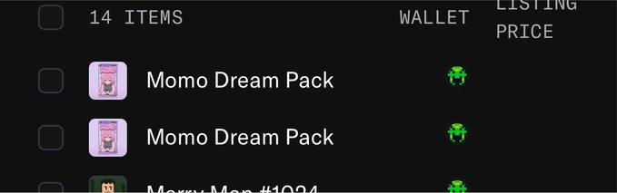 A dark-themed digital interface showing a list of items for sale, featuring two 'Momo Dream Pack' NFTs with green alien icons next to the wallet section.