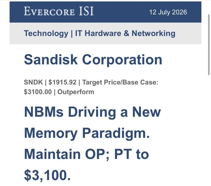 An Evercore ISI research report dated 12 July 2026 for Sandisk Corporation (SNDK), showing a current price of $1915.92 and a target price of $3100.00 with an Outperform rating, titled 'NBMs Driving a New Memory Paradigm.'