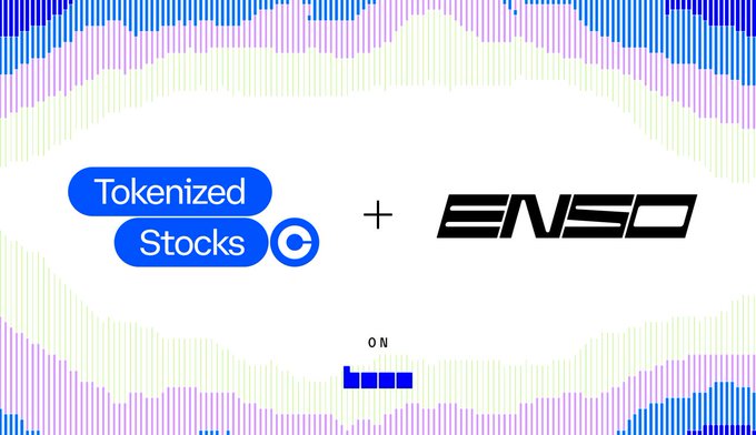 A promotional graphic featuring the "Tokenized Stocks" and "ENSO" logos connected by a plus sign, set against a white background framed by blue and purple equalizer-style audio bars, with "ON" displayed at the bottom to signify that Coinbase Tokenized Stocks trade routing via Enso is now live on Base.