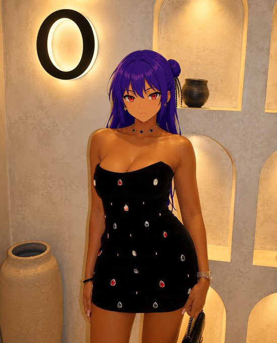An anime-style digital illustration of a woman with purple hair wearing a black dress with red and white teardrop-shaped gem accents, standing in a warmly lit alcove with pottery.