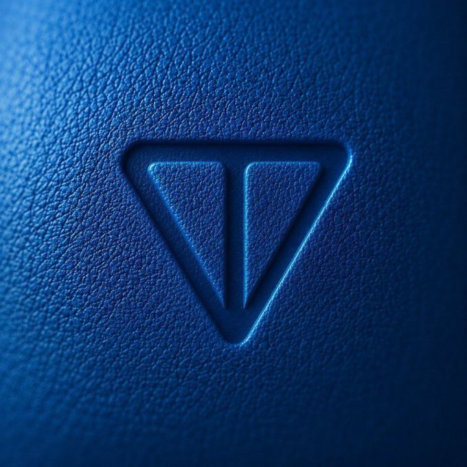 The image features a close-up view of a blue surface with a triangle logo prominently displayed at the center, which appears to be made out of leather material. The background is dark blue, providing a contrast that makes the logo stand out. The text "I’ve had a super busy day today, so I wasn't very active here. Touched some grass, and did some solid research. We're going to cook again very soon. In the meantime, stay bullish on TON memes." is written around the edges of the image in white text. The overall composition suggests that this could be a social media post or advertisement related to a brand or product.