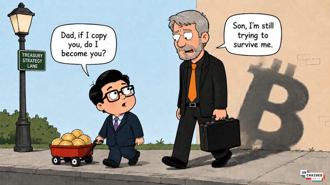 A cartoon character, who resembles a man with glasses, is walking down the sidewalk carrying something red while listening to two people talking behind him. One of them says "Dad if you copy me, do I become you?". The other person responds by saying "Son, I'm still trying to survive me". The image also includes a watermark that reads "@Unchained_pod Daily newsletter: BitMine raises $300M - but who's paying the price? Bitcoin crashes below $62K. HYPE just flipped Solana. New all-time high hit. Bessent to Senate: Pass crypto clarity bill this summer."