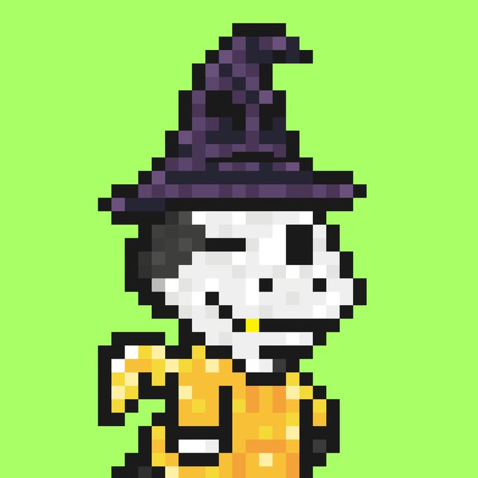 A pixel-art style illustration features a white character wearing a large purple witch's hat and an orange outfit against a solid green background.