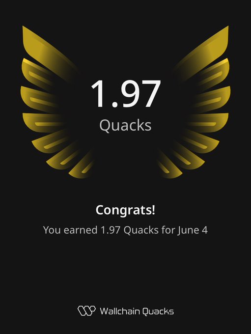 The image features an advertisement for Quacks, which is a website dedicated to rewarding users with Quacks points for their time spent on the site. The main focus of the image is a gold-colored bird's wing design that reads "1.97 Quacks". This indicates that the user has earned 1.97 Quacks in one day by spending time on the website. The post also mentions that the user has earned 1.97 Quacks for June 4, which suggests they have been rewarded with Quacks points over a period of four days.