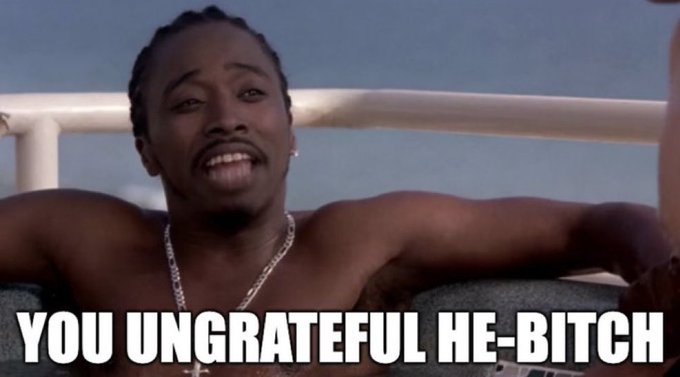 A meme image of a shirtless man wearing a chain necklace with bold white text reading 'YOU UNGRATEFUL HE-BITCH' overlaid at the bottom.