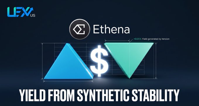 A promotional graphic titled 'YIELD FROM SYNTHETIC STABILITY' for Ethena (ENA), featuring a LFX.us logo, a dollar sign between blue and green triangles, and text noting '+0.05% Yield generated by tension'.