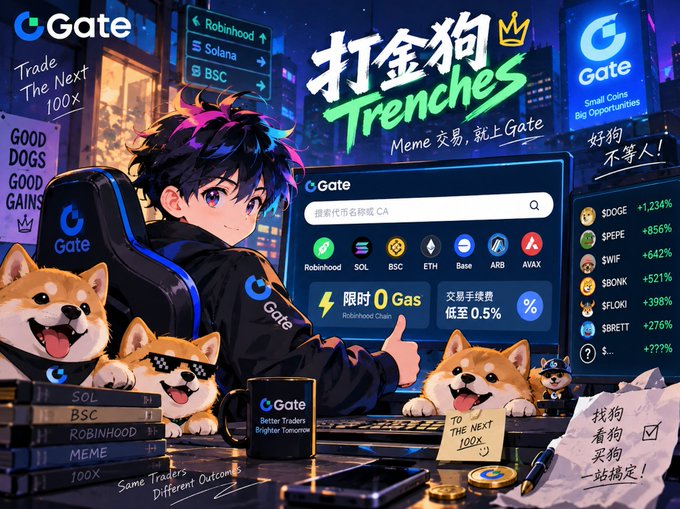 A promotional illustration for the Gate cryptocurrency exchange featuring anime-style characters, Shiba Inu dogs, and the text '打金狗 Trenches' alongside various crypto tickers like Robinhood, SOL, BSC, and ETH.