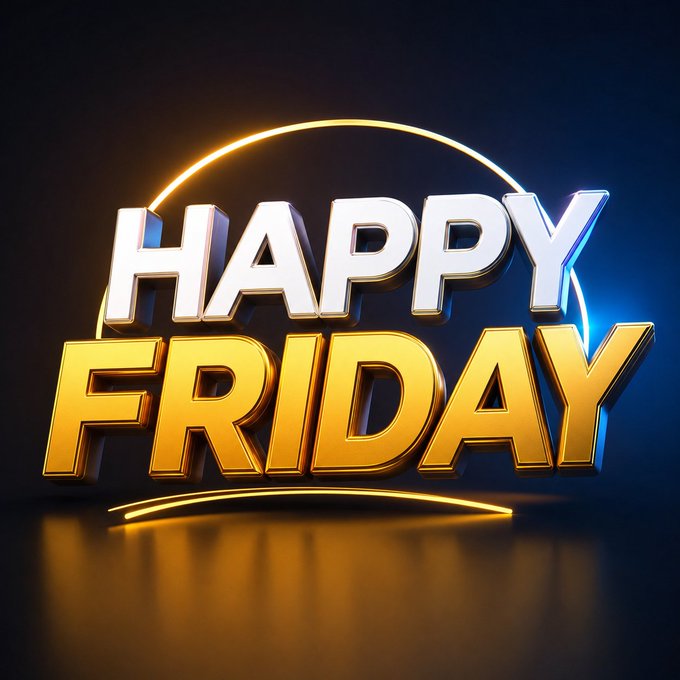 3D rendered text graphic displaying 'HAPPY FRIDAY' in white and gold metallic letters against a dark blue background with a glowing circular element.