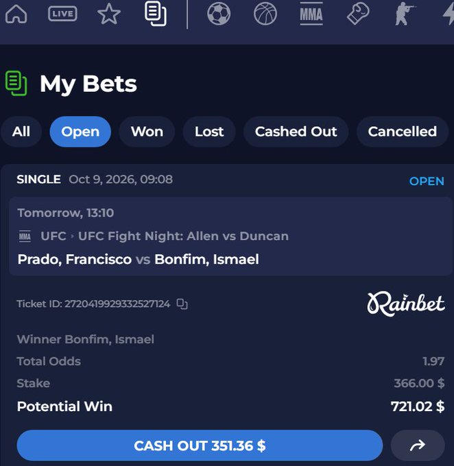 A mobile sports betting app interface showing an 'Open' bet slip for Rainbet on a UFC Fight Night match between Prado, Francisco vs Bonfim, Ismael, with a stake of 366.00 $ and a potential win of 721.02 $.