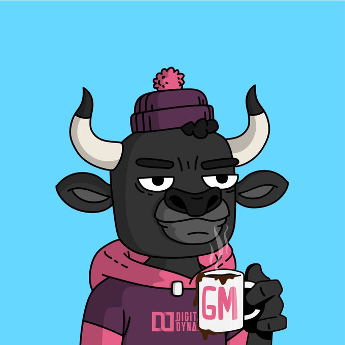 An illustration of a black cartoon bull wearing a purple winter hat and a pink and purple 'DIGI DYNA' hoodie, holding a mug that says 'GM'.