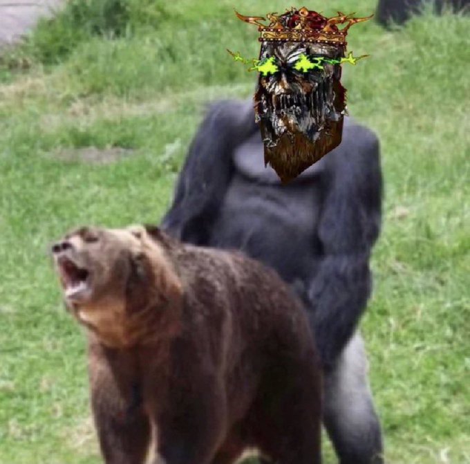 A humorous edited image showing a gorilla standing behind a roaring brown bear on grass, with the gorilla's face replaced by an ornately crowned, menacing creature with glowing green star-shaped eyes.