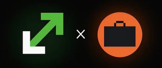 A graphic showing two circular icons separated by an "x" symbol: a green icon with an upward arrow and a white base, and an orange icon featuring a black briefcase.
