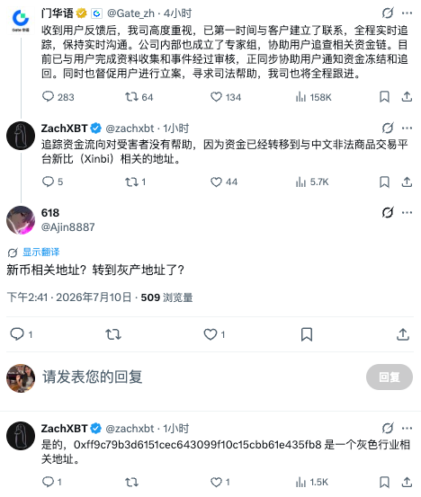The image shows Chinese-language replies on a tweet from Gate.io (@Gate_zh), where the exchange acknowledges a security incident and is assisting users, while investigator ZachXBT (@zachxbt) claims the stolen funds were transferred to a gray-market trading platform associated with "新币 (Xinbi)," linking to a flagged wallet address.