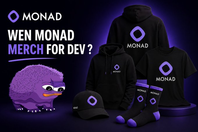 The image features a collection of merchandise items related to the gaming company Monad. These include t-shirts, hats, and socks with the Monad logo displayed prominently. The text "Wen monad merch and plushies for the dev?" suggests that these items are available for purchase at an event or convention where gamers can buy Monad merchandise as a souvenir of their experience.