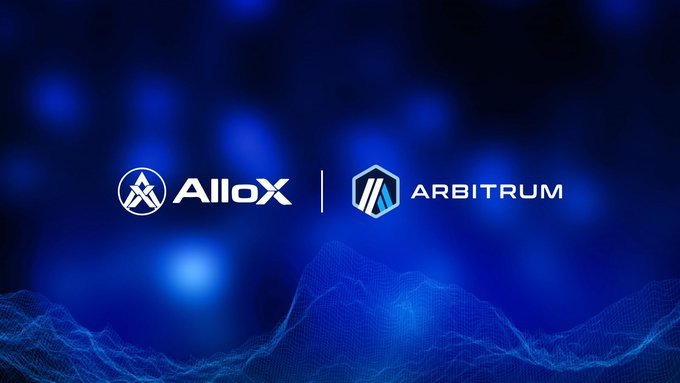 A dark blue banner with a glowing mesh wave pattern, featuring the Allox and Arbitrum logos and branding.