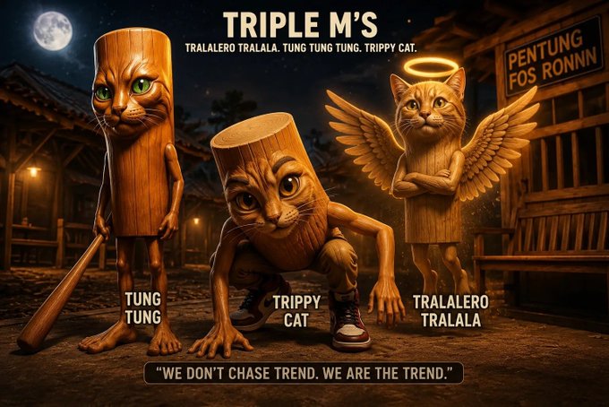 The image is a promotional-style illustration titled "TRIPLE M'S," featuring three wooden cat-like characters labeled "TUNG TUNG" (holding a bat), "TRIPPY CAT" (crouching), and "TRALALERO TRALALA" (with angel wings and halo), set against a nighttime village backdrop with the tagline "WE DON'T CHASE TREND. WE ARE THE TREND." It directly supports the post's message of an "EARLY ALPHA ALERT" for the $TripleMs Solana meme coin by visually branding the trio of characters that define the token.