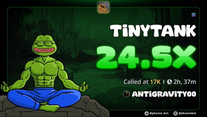 A graphic showing a green Pepe frog in a meditation pose with the text 'TINYTANK 24.5X Called at 17K' by ANTIGRAVITY00, displayed against a swampy background.