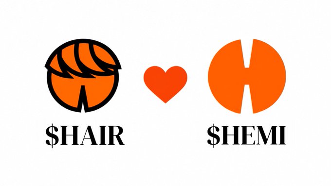 A simple graphic features an orange logo labeled '$HAIR' showing a head with hair, a heart in the middle, and an orange logo labeled '$HEMI' with a vertical line through it.