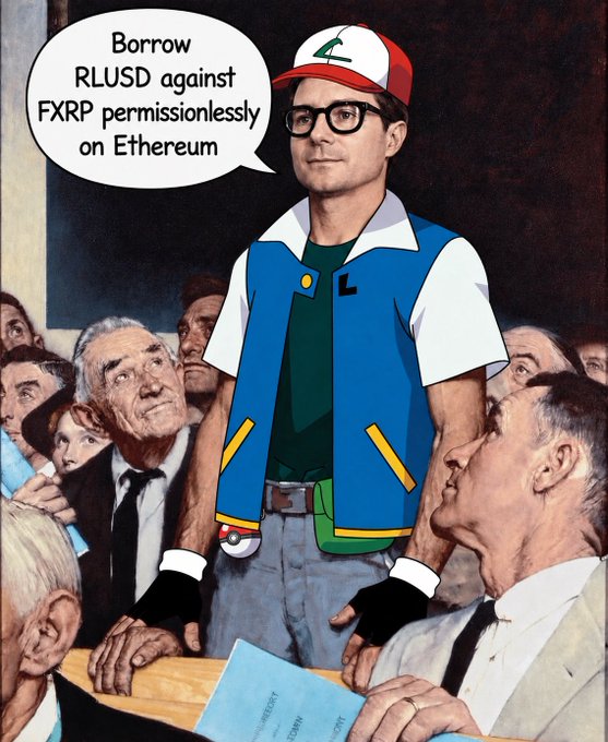 A meme featuring an illustration of Ash Ketchum from Pokémon dressed as a referee, with a speech bubble stating 'Borrow RLUSD against FXRP permissionlessly on Ethereum'.