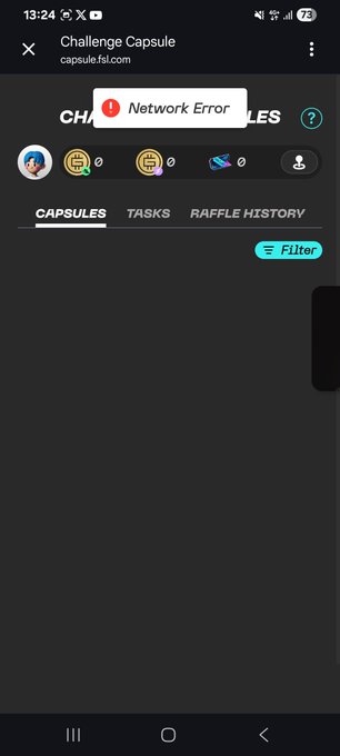 A mobile screenshot of the capsule.fyi website showing a 'Network Error' notification at the top over the Challenges section with CAPSULES, TASKS, and RAFFLE HISTORY tabs.