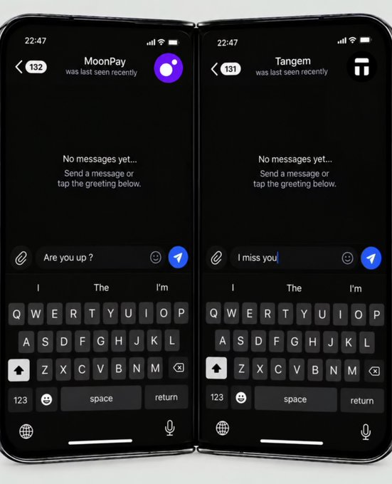 Two iPhones displayed side-by-side showing messaging apps with drafts to contacts named 'MoonPay' and 'Tangem'; one reads 'Are you up?' and the other 'I miss you'.