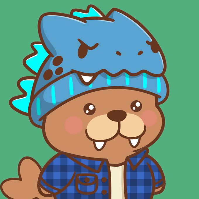 A cartoon illustration of a brown, beaver-like character wearing a blue plaid shirt and a blue dinosaur (T-Rex) hat against a green background.