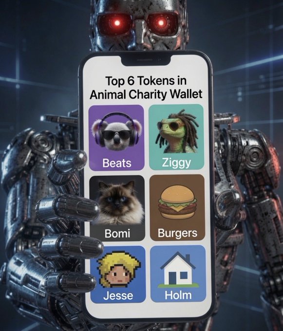 A menacing metallic robot with glowing red eyes holds up a smartphone displaying a grid titled "Top 6 Tokens in Animal Charity Wallet," featuring the tokens Beats, Ziggy, Bomi, Burgers, Jesse, and Holm. The image visualizes the post's list of the top six meme tokens in the Animal Charity Wallet built on Base, with the futuristic robot adding a dramatic, attention-grabbing flair to the crypto showcase.